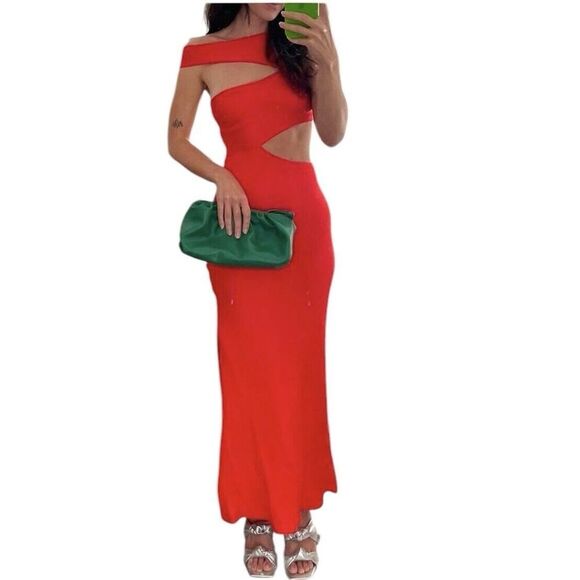 STAUD Prismatic Dress with cut-out Side Slit Off Shoulder Papaya Orange Size 6 - Picture 3 of 14